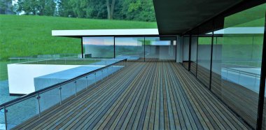 Çarpıcı bir yüksek teknoloji evinin ahşap terası. 3 boyutlu görüntüleme. Ev dekorasyonu web siteleri için iyi.