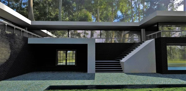 Yard Amazing Design House Black Brick Finishing Shadow Big Tropical — Stok fotoğraf