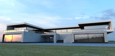 Şehir günbatımı lüks bir yüksek teknoloji villasının camına yansıyor. Düz çatı. Büyük teras. Beyaz mermerden duvar süslemesi. 3 boyutlu görüntüleme. İllüstrasyon gelişmiş emlak yayınları için uygundur.