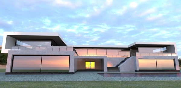 Amazing Pink Sunrise Reflects Windows Contemporary Luxury House Render Excellent — Stockfoto