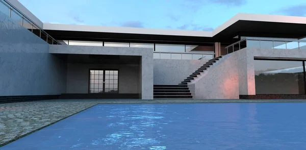 Una Hermosa Piscina Azul Patio Una Casa Alta Tecnología Avanzada —  Fotos de Stock