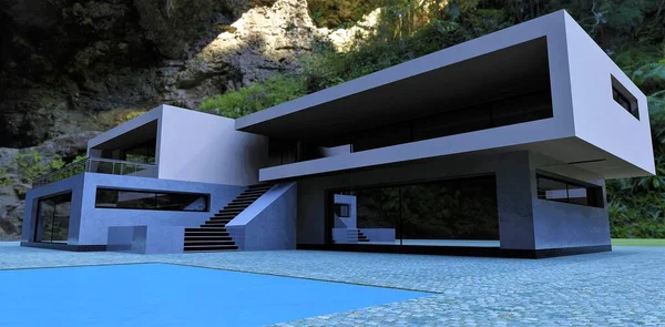 Modern high-tech building near the foot of the cliff. Flat roof, terrace and blue water pool. 3d render.