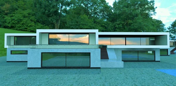 Luxury contemporary high tech building wirh flat roof and big windows reflecting sunset. Green trees. 3d rendering.