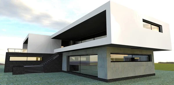 Awesome Design High Tech House Concrete Walls Black Bricks Stair — Stockfoto