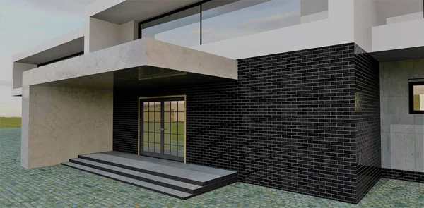 Entrance to a contemporary high tech home. Marble porch, black bricks wall, and multi-colored paving stones. 3d render.