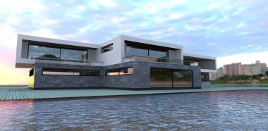 Modern high-tech house on the shores of Lake Michigan in the USA at dawn. The rays of rising sun are reflected in the water. 3d render. Relevant for designers exploring trends in home design and construction.Good picture for real estate websites. 
