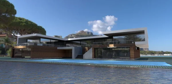 Beautiful Modern Villa Swimming Pool Island Forest Lake Bright Blue — 스톡 사진