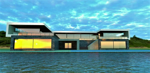 Stunning Sunrise Reflects Windows Modern High Tech Villa Banks River — Stock Fotó