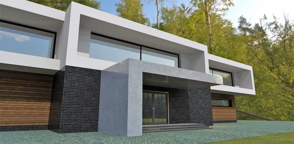 Berkenbos Achter Een Modern Hightech Huis Sergo Marmeren Veranda Houten — Stockfoto