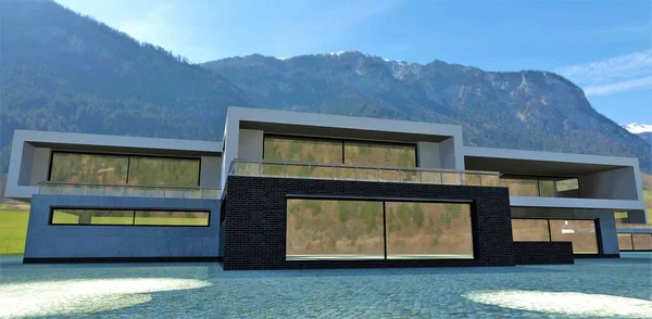 Luxurious high-tech villa at the foot of the Carpathian mountains. Finishing the walls with concrete and black brick. Multi-colored beautiful stone blocks. 3d render. Relevant for designers exploring trends in home design and construction.