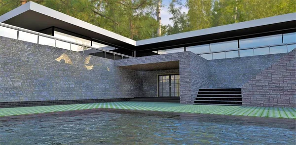 Shady yard of a modern high-tech house. Wall decoration - old gray stone. Waves in the pool. Sunlight on the faade. Grass grows through paving stones. 3d render.
