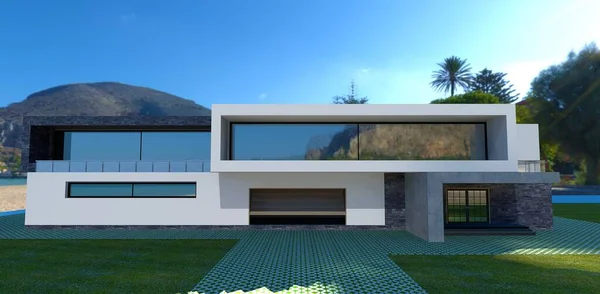 Acogedora Villa Alta Tecnología Con Techo Plano Entrada Casa Garaje —  Fotos de Stock