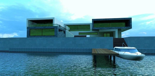 Modern high-tech villa with a flat roof on the banks of the river. A white motorboat is moored to a wooden pier. 3d render