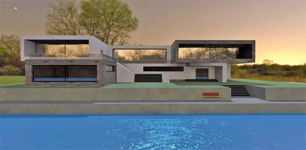 Quiet Night Village Lake Big Beautiful High Tech House Concrete — Photo