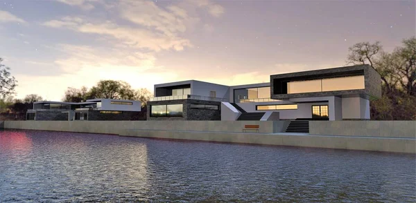 Amazing Evening Village River Advanced High Tech Houses Built Concrete — Stock Photo, Image