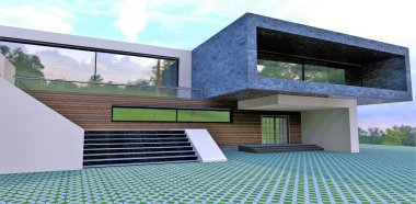 Gelişmiş bir banliyö yüksek teknoloji evinin avlusu. Ön cephe sona eriyor. Gri yazı tahtası ve ön tahta. Çimenler kaldırım taşlarının arasından büyür. 3d hazırlayıcı.
