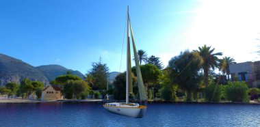 Amazing white sailing yacht on the roadstead in the bay. Complete calm. Palm trees and houses in the background. 3d render.