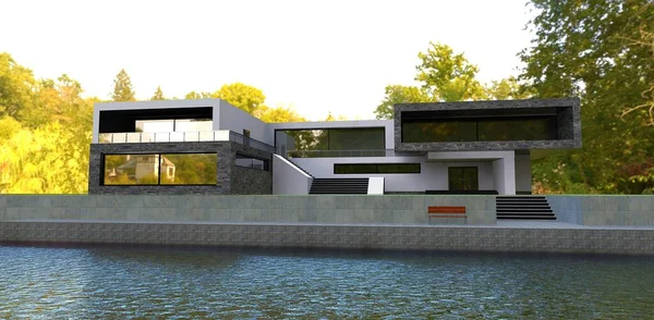Beautiful High Tech Country House Lake Its Own Pier Dense — 스톡 사진