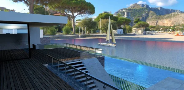 View from the terrace of a luxurious high-tech house with a swimming pool to a wonderful bay. Beautiful sailing yacht in the roadstead. 3d render.