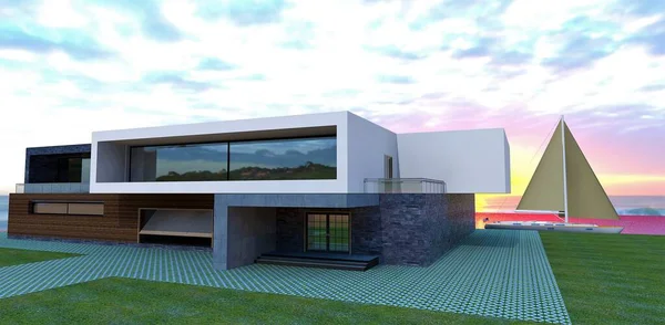 Wunderschönes High Tech Haus Morgengrauen Hinter Dem Haus Liegt Eine — Stockfoto