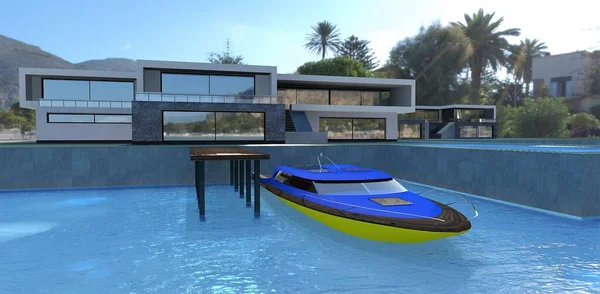 A fast yellow and blue motorboat is moored to the concrete pier of an advanced high-tech home. Mountains and palm trees in the background. Clear skies and blue water. 3d render.