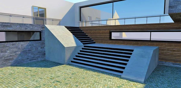 Выход Двор Современного Высокотехнологичного Дома Бетонная Лестница Оформление Стен Серый — стоковое фото