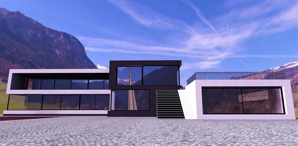 Fassade Eines Modernen High Tech Hauses Blauer Himmel Mit Weißen — Stockfoto