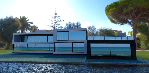 High tech luxury building on an island. Much mirror glass, white finidhing, and black brick. Pulm trees are on the background. 3d render.
