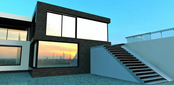 Renderização em 3d de uma casa moderna com fachada escura. casa com janelas  panorâmicas e terraço. tijolo