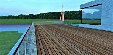 Nehir koyunun kıyısındaki yüksek teknolojili bir evin geniş ahşap terası. Çelik ve cam çitler. Önümüzde yeşil sık orman var. 3d hazırlayıcı. 