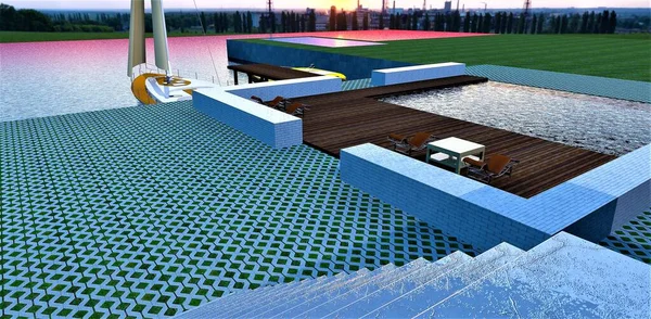Отражение Красного Заката Горном Озере Вид Лестницы Высокотехнологичного Дома Мбаппе — стоковое фото