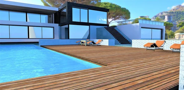 Flooring - terrace board. Pool with blue water. Advanced high-tech house. 3d render. Modern style, spacious bright rooms, technological effectiveness and exquisite taste. Catches the client\'s eye on, forcing not to pass by.