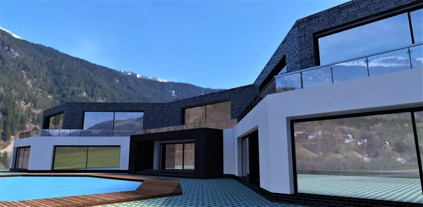 Luxurious high-tech building at the foot of the mountain. Facade finishing - white plaster, gray slate and black brick. Decking around the pool. 3d render.