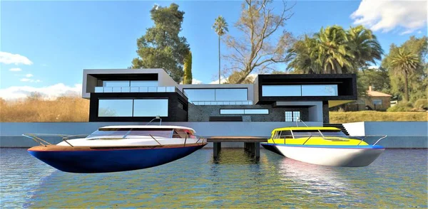 Luxury High Tech House Beach Two Speed Boats Moored Reinforced — Stock fotografie