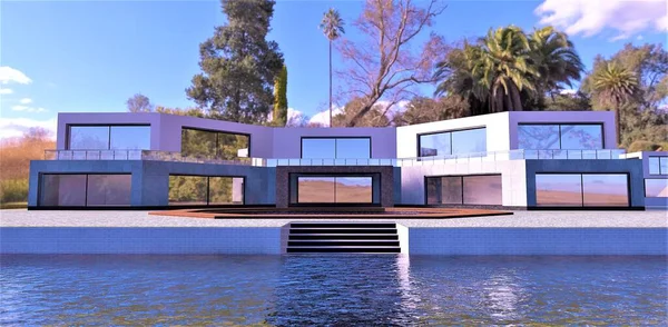 Concept Luxury Villa Banks River Concrete Ladder Descends Directly Water — Zdjęcie stockowe