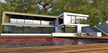  Advanced high-tech house with a swimming pool in a pine forest. Flooring - terrace board. Sunbeds in the lounge area. 3d render.