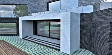 The front entrance to a luxurious high-tech building. Finishing white and black brick, gray slate. The flooring is paving stones and decking. 3d render.