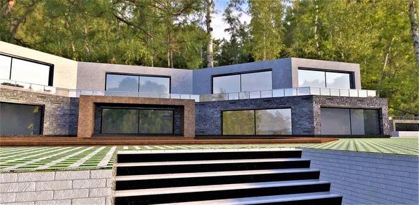 Luxurious High Tech House Forest Slate Gray Carrara Marble Red — Zdjęcie stockowe