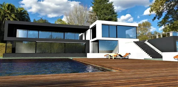 Wooden Flooring Pool Advanced High Tech House Black White Building — Stockfoto