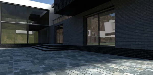 Gray rectangular paving stones in the courtyard of a modern high-tech building. Wall decoration gray and black brick. 3d rendering. It will be interesting to sellers of expensive real estate.