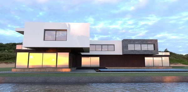 Stunning Sunrise Reflected Window Advanced High Tech House Lake Finishing — Stockfoto