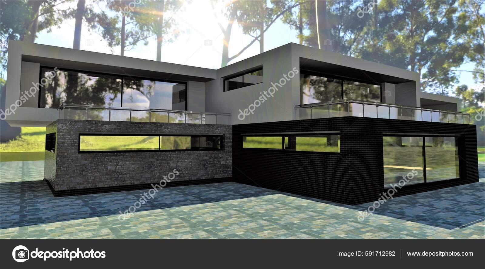 Conceito Uma Casa Futurista Floresta Tropical Telhado Plano Forma  Retangular — Foto © piva80 #591712982, image size:1600x887