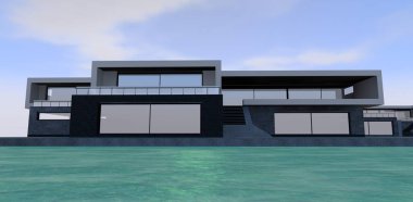 Nehir kıyısındaki fütürist yüksek teknoloji evi konsepti. Düz çatı, uzun dikdörtgen şekilli. Büyük aynalı pencereler. 3 boyutlu görüntüleme. Çağdaş ev tasarımlarının reklamında kullanılabilir..