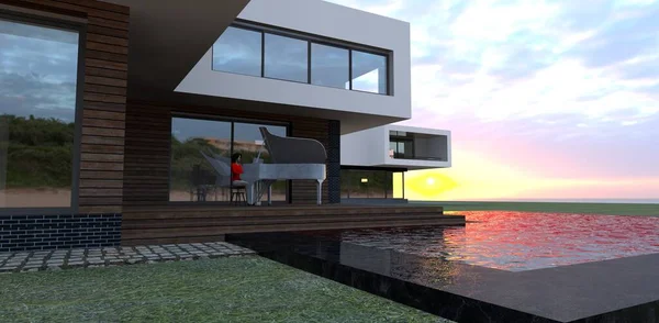 Wooden terrace of a modern house. The sunrise is reflected in the pool. A girl in a red blouse plays the white marble piano. 3d rendering. Can be used for advertising of contemporary houses design.