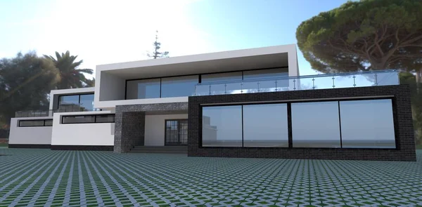 Cool unreal stone blocks. Modern high-tech house. 3d render. Bright sunlight. 3d render. Can be used for advertising of contemporary houses design.