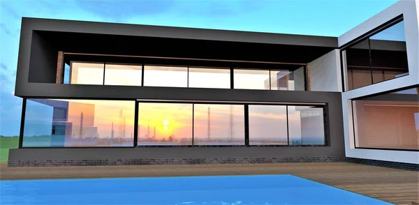 Reflection of the sunset in the windows of a modern high-tech house. Wooden deck around the pool with blue water. 3d render. May be useful for advertising luxury real estate.