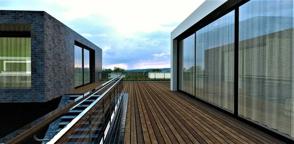 Rooftop patio of an advanced high-tech home. Terrace board flooring. Steel and glass railing. 3d render. May be useful for advertising luxury real estate.