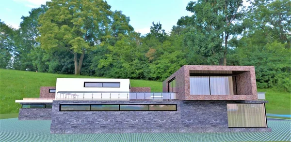 Egy Gyönyörű Modern Ház Lapos Tetővel Bekerített Terasszal Faldekoráció Szürke — Stock Fotó