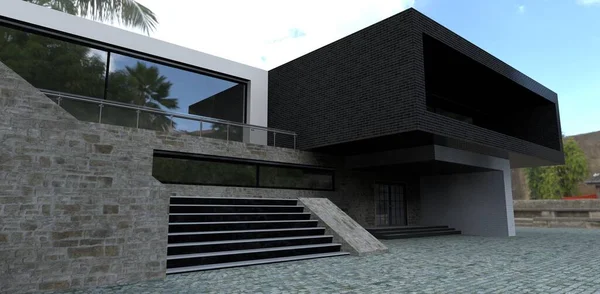 Luxurious Futuristic Country Villa Red Slate Black Brick Finish Wide — стоковое фото