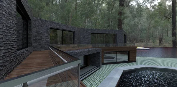 Gölgeli bir parktaki sessiz bir gölün kıyısındaki alışılmadık bir bina. Ön cephe tahtasını ve siyah tahtayı bitiriyorum. 3d hazırlayıcı.